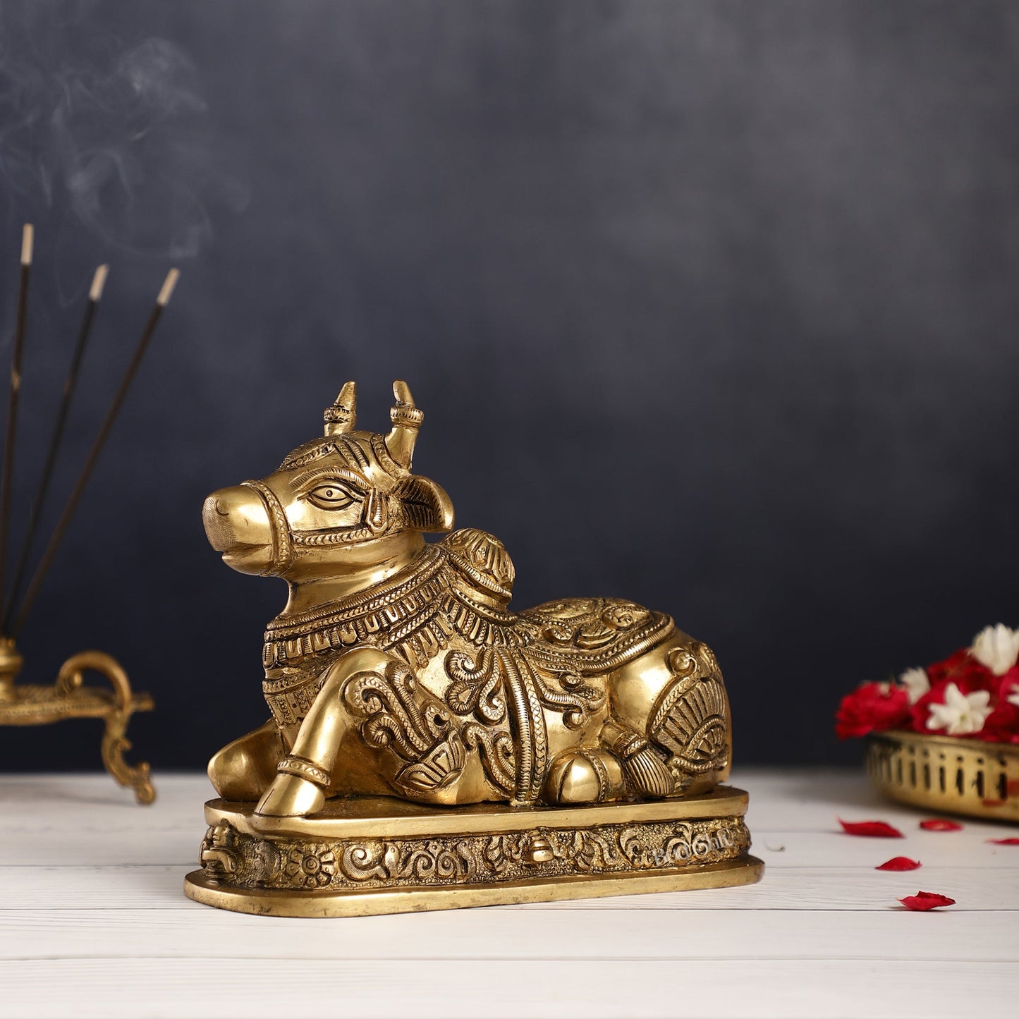 Superfine Engraved Brass Nandi idol - 6.5" Height