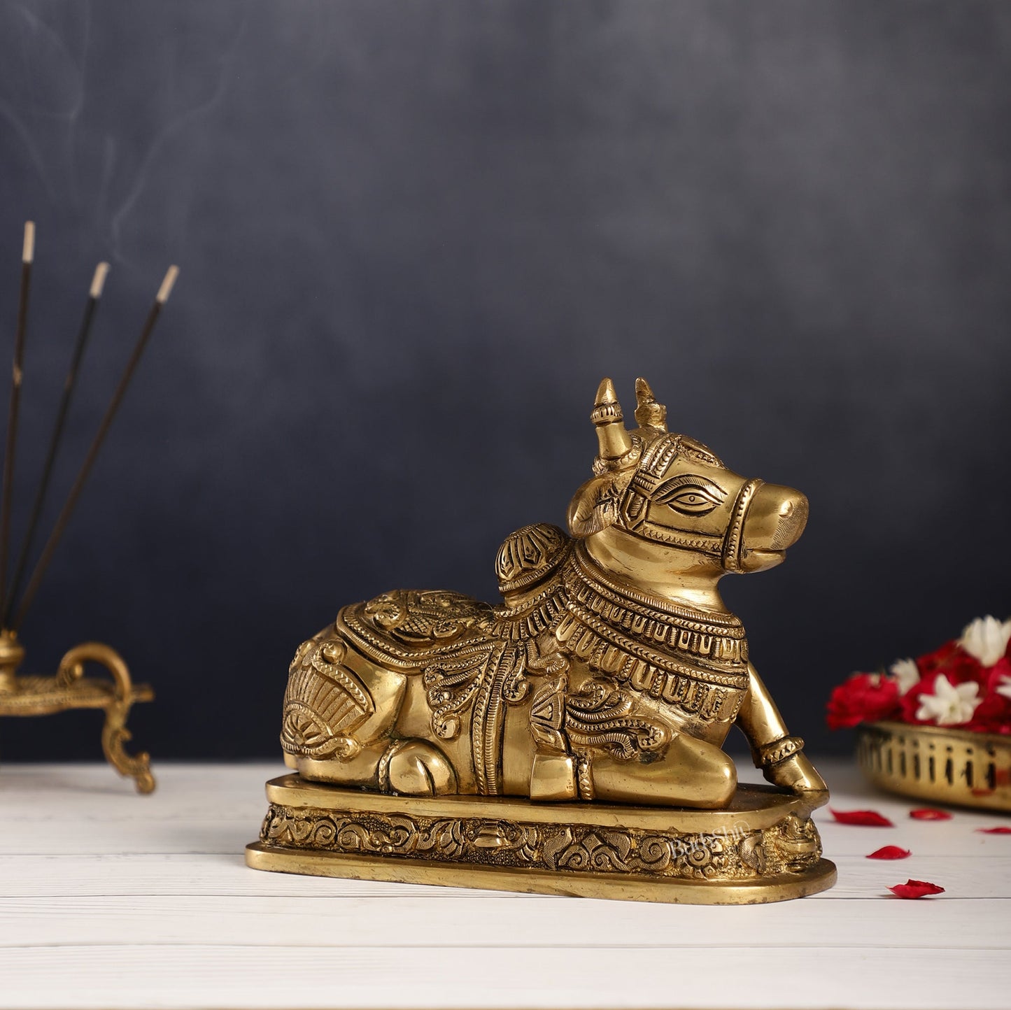 Superfine Engraved Brass Nandi idol - 6.5" Height