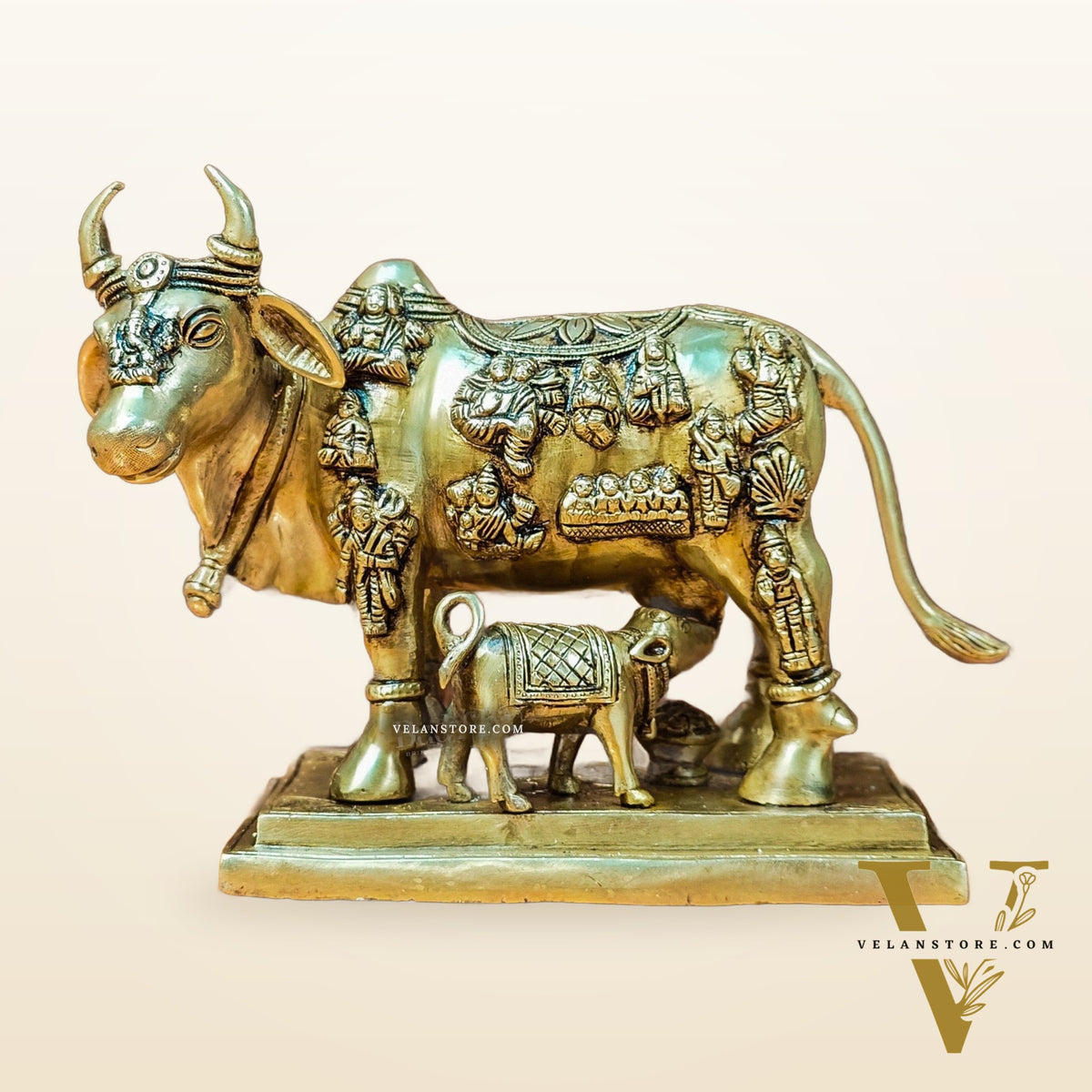Superfine Engraved Kamdhenu Cow with Calf - Auspicious Wish-Fulfilling Murti 10"