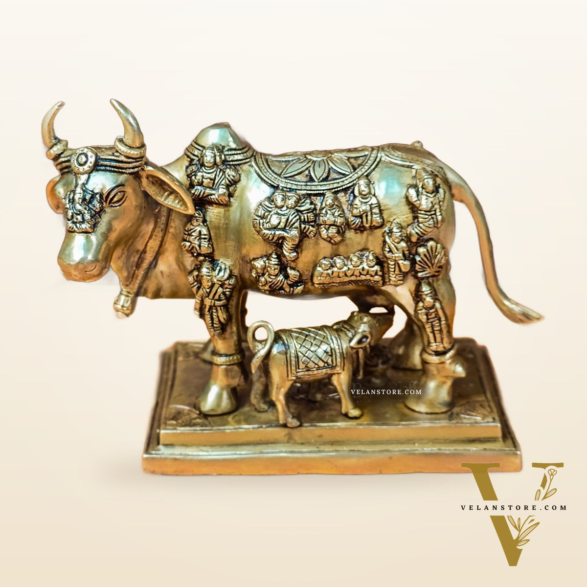 Superfine Engraved Kamdhenu Cow with Calf - Auspicious Wish-Fulfilling Murti 10"