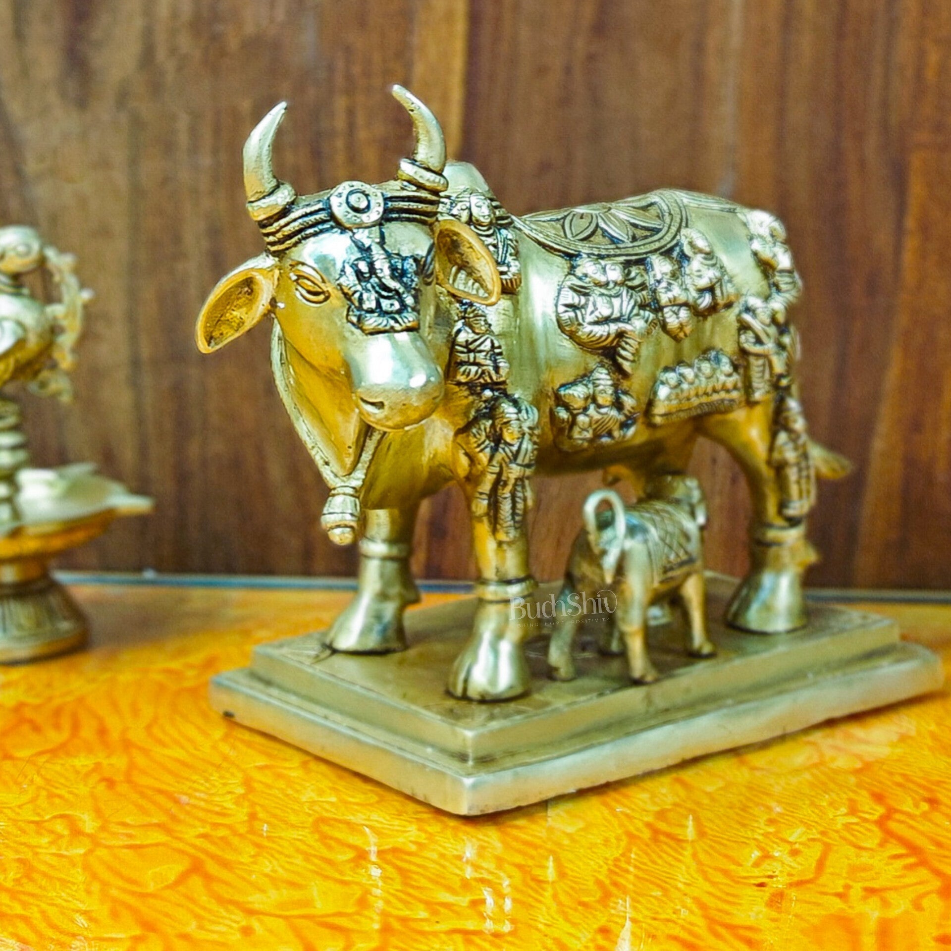 Superfine Engraved Kamdhenu Cow with Calf - Auspicious Wish-Fulfilling Murti 10"
