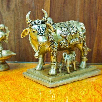 Superfine Engraved Kamdhenu Cow with Calf - Auspicious Wish-Fulfilling Murti 10"