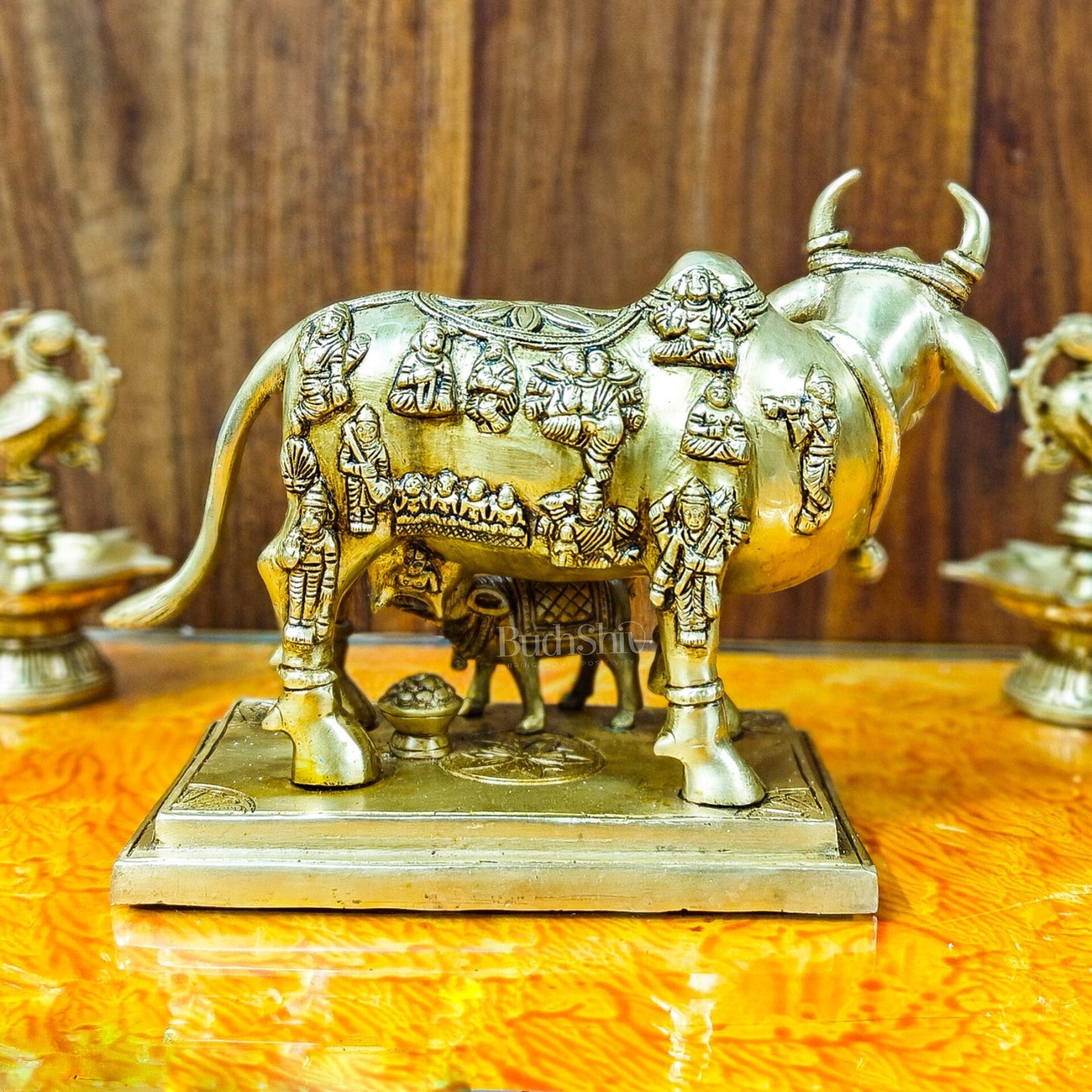 Superfine Engraved Kamdhenu Cow with Calf - Auspicious Wish-Fulfilling Murti 10"