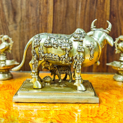 Superfine Engraved Kamdhenu Cow with Calf - Auspicious Wish-Fulfilling Murti 10"