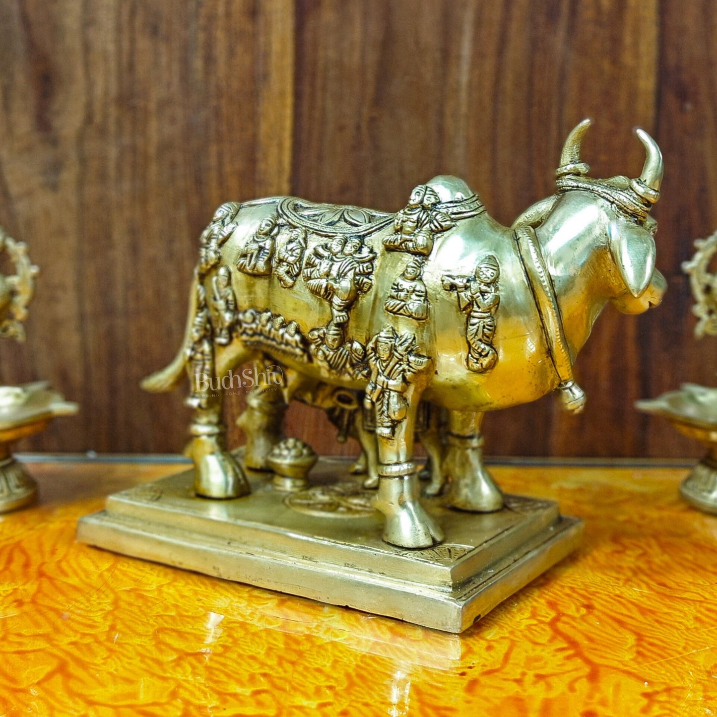 Superfine Engraved Kamdhenu Cow with Calf - Auspicious Wish-Fulfilling Murti 10"