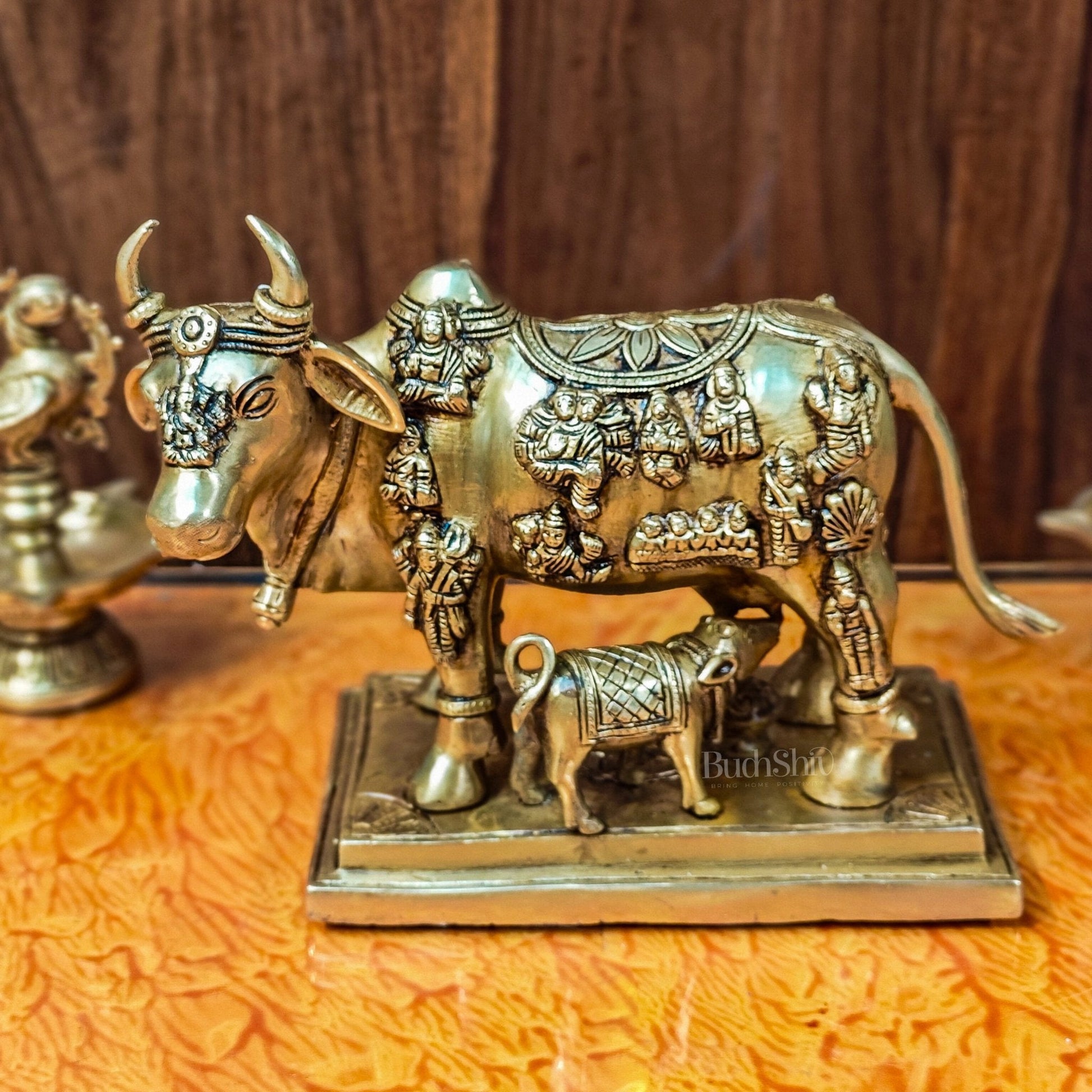 Superfine Engraved Kamdhenu Cow with Calf - Auspicious Wish-Fulfilling Murti 10"