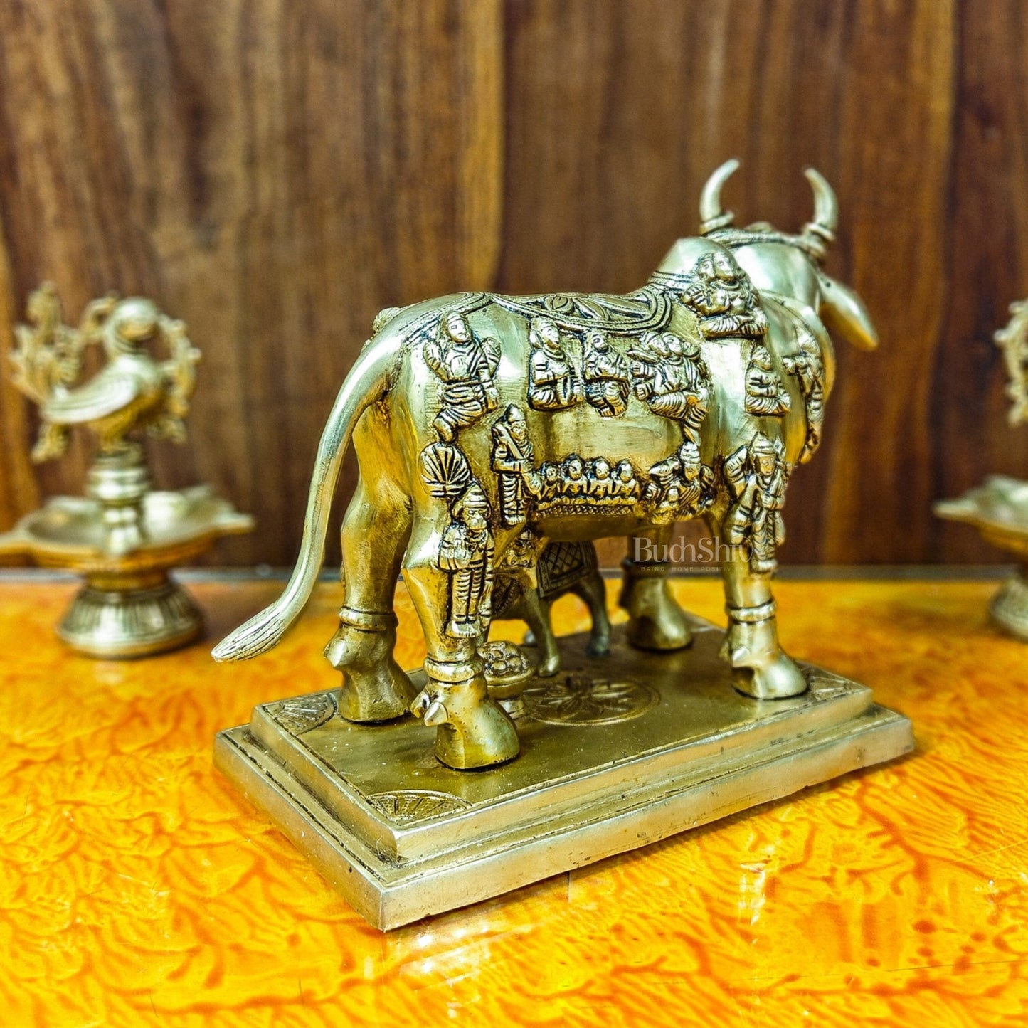 Superfine Engraved Kamdhenu Cow with Calf - Auspicious Wish-Fulfilling Murti 10"