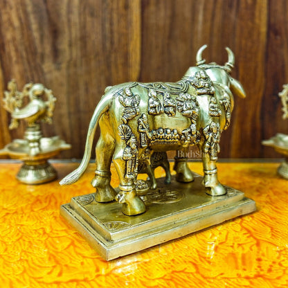 Superfine Engraved Kamdhenu Cow with Calf - Auspicious Wish-Fulfilling Murti 10"