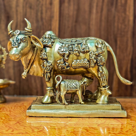 Superfine Engraved Kamdhenu Cow with Calf - Auspicious Wish-Fulfilling Murti 10"