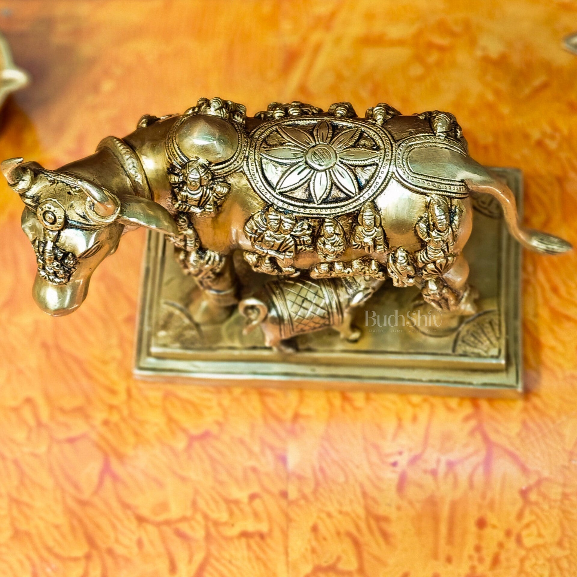 Superfine Engraved Kamdhenu Cow with Calf - Auspicious Wish-Fulfilling Murti 10"