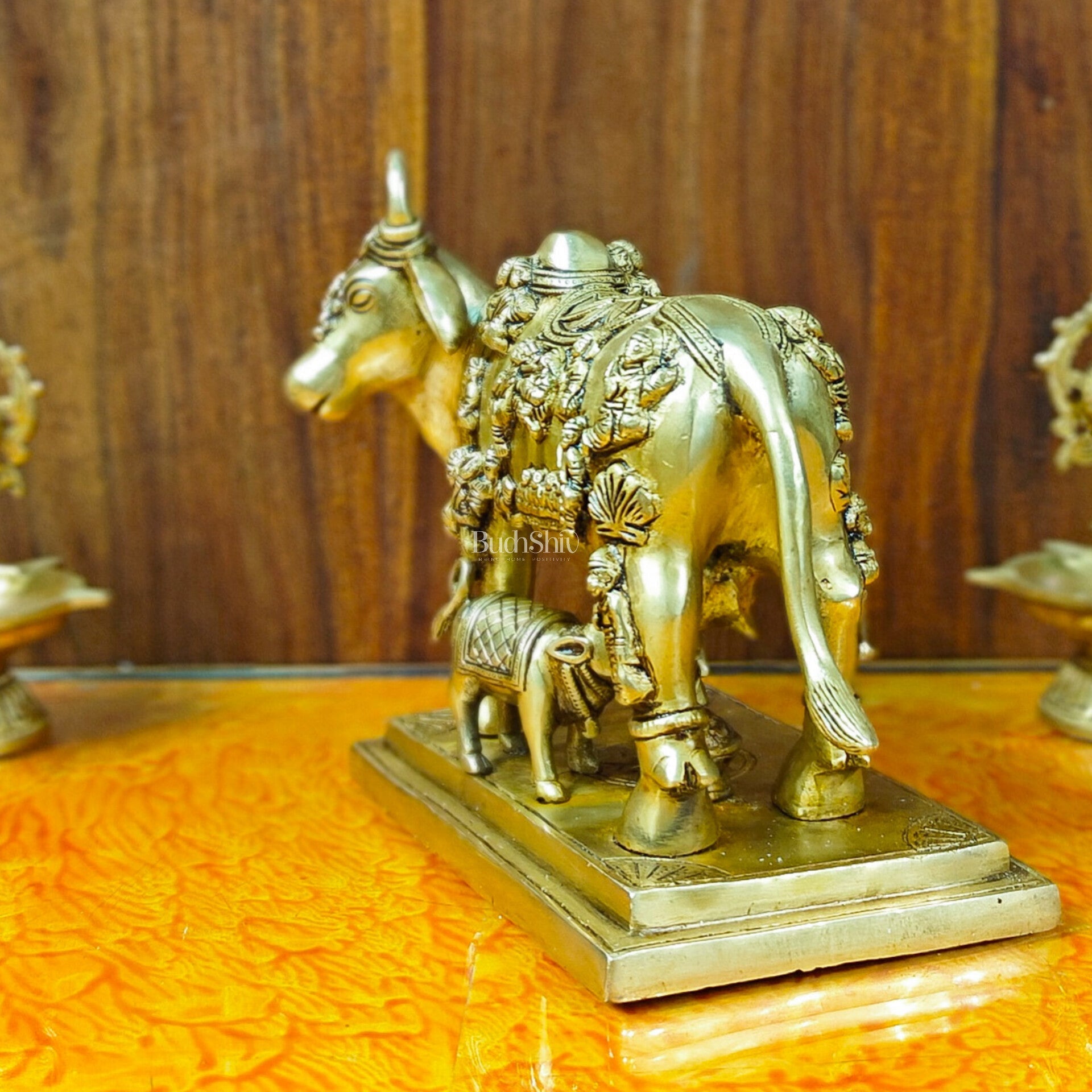 Superfine Engraved Kamdhenu Cow with Calf - Auspicious Wish-Fulfilling Murti 10"