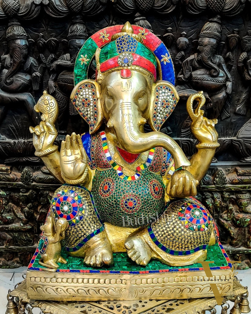 Superfine Handcrafted Brass Gajanand Statue - 22" Height, Beautiful Carvings, Meenakari Stonework