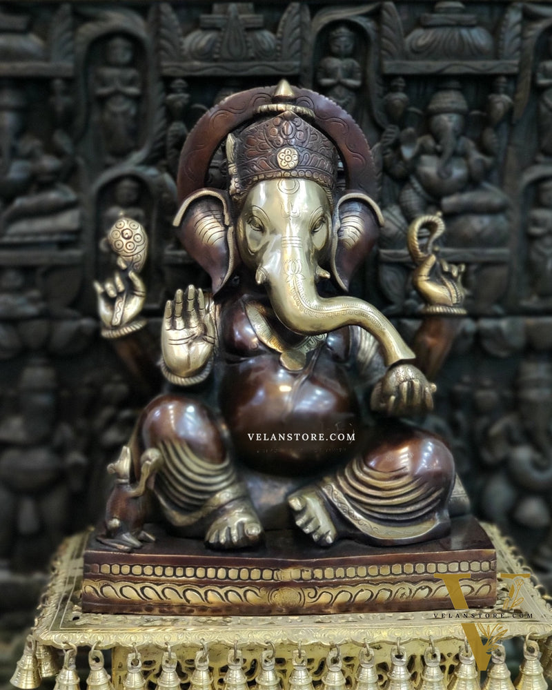 Superfine Handcrafted Brass Gajanand Statue - 22" Height, Beautiful Carvings, Fantastic Finish