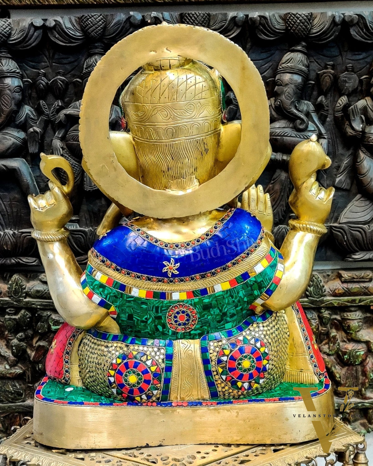 Superfine Handcrafted Brass Gajanand Statue - 22" Height, Beautiful Carvings, Meenakari Stonework