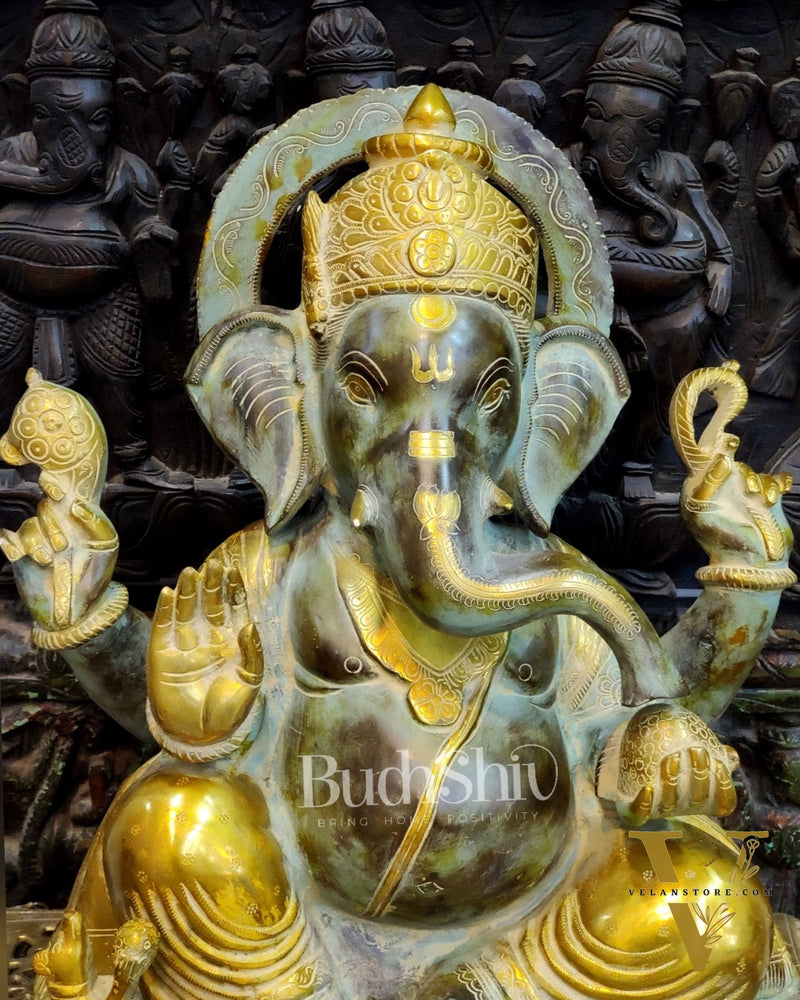 Superfine Handcrafted Brass Gajanand Statue - 22" Height, Beautiful Carvings.