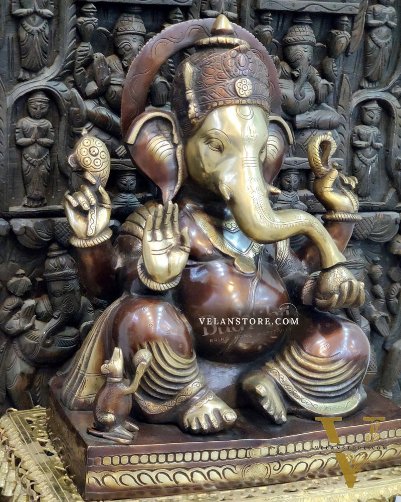 Superfine Handcrafted Brass Gajanand Statue - 22" Height, Beautiful Carvings, Fantastic Finish