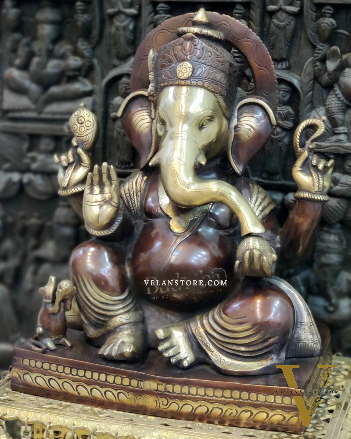 Superfine Handcrafted Brass Gajanand Statue - 22" Height, Beautiful Carvings, Fantastic Finish