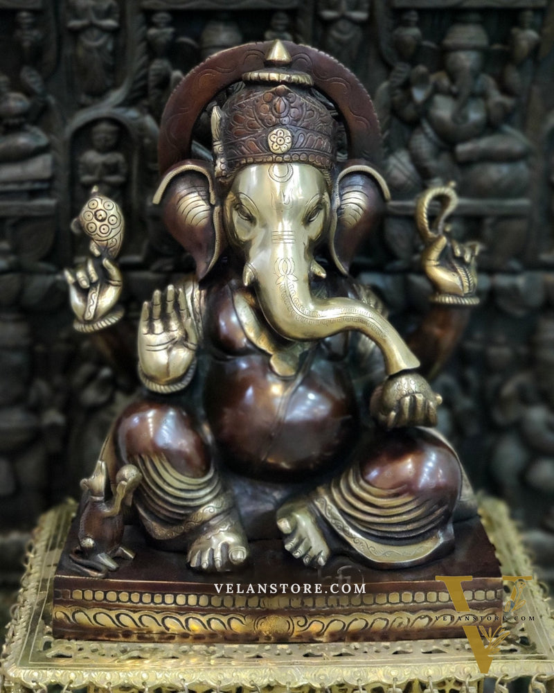 Superfine Handcrafted Brass Gajanand Statue - 22" Height, Beautiful Carvings, Fantastic Finish