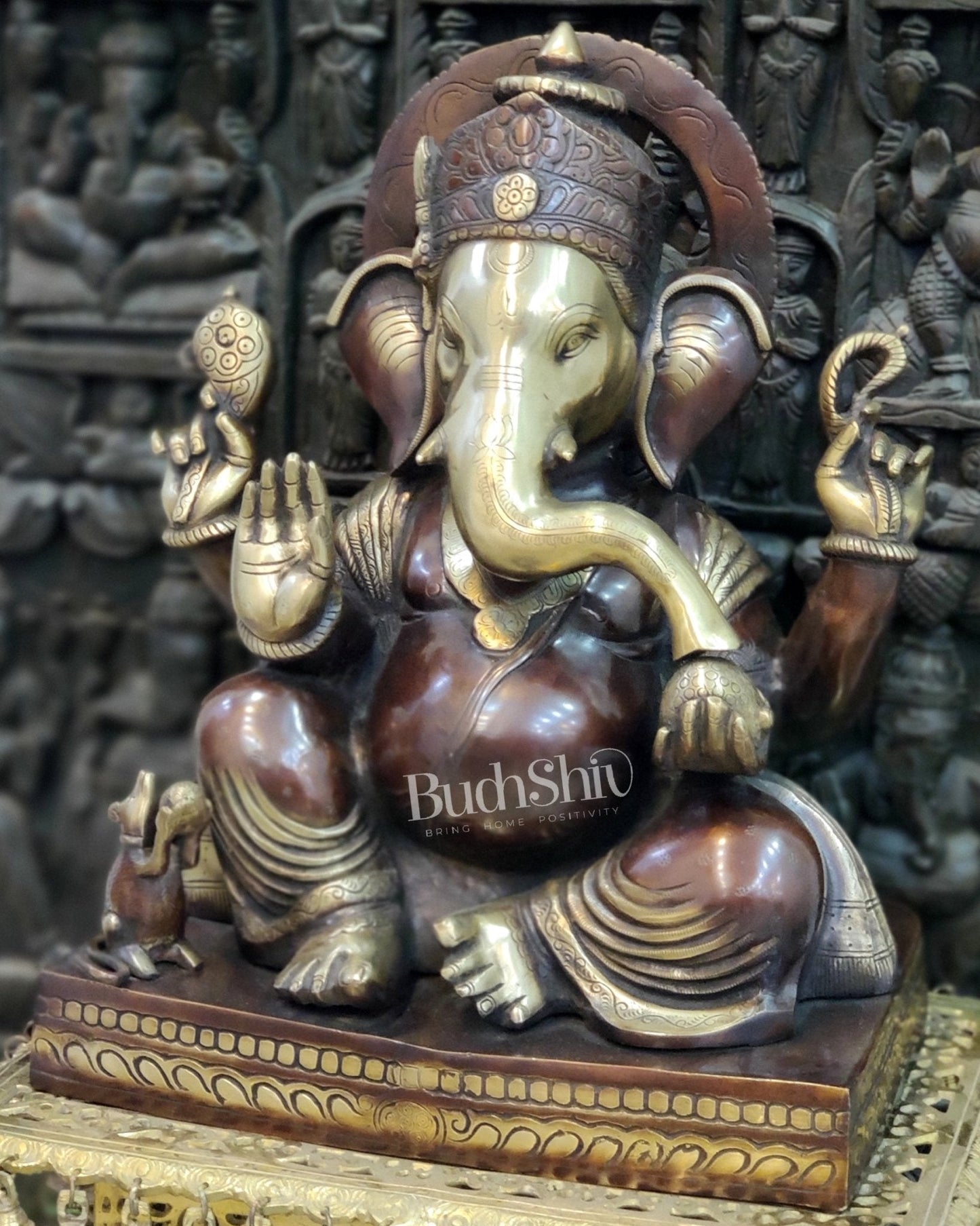 Superfine Handcrafted Brass Gajanand Statue - 22" Height, Beautiful Carvings, Fantastic Finish