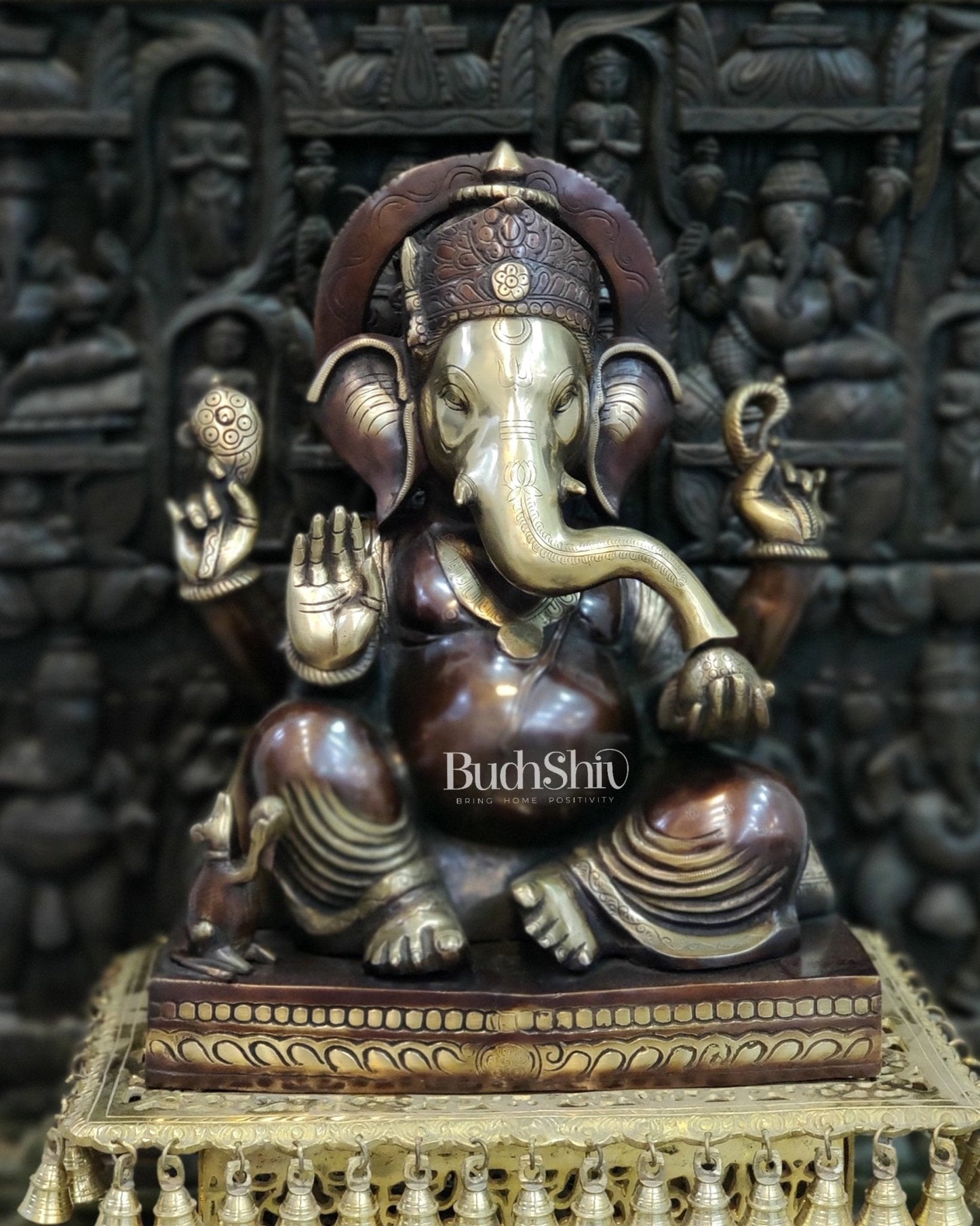 Superfine Handcrafted Brass Gajanand Statue - 22" Height, Beautiful Carvings, Fantastic Finish