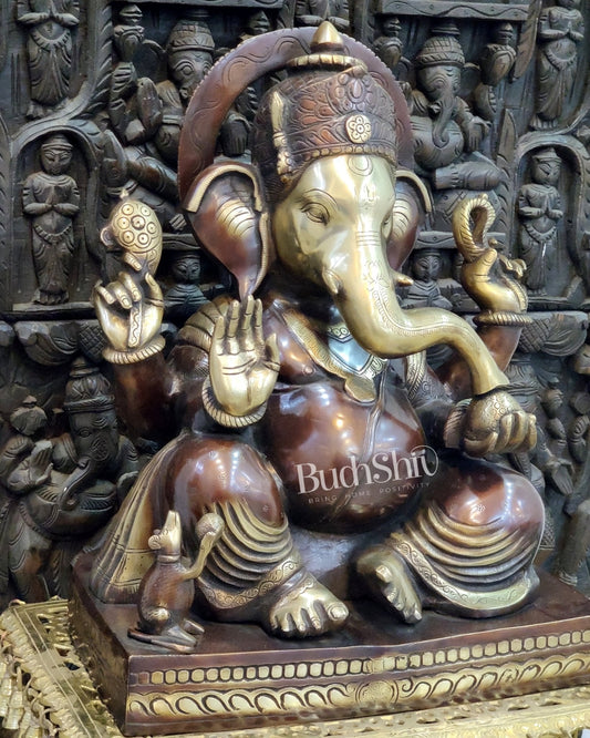 Superfine Handcrafted Brass Gajanand Statue - 22" Height, Beautiful Carvings, Fantastic Finish