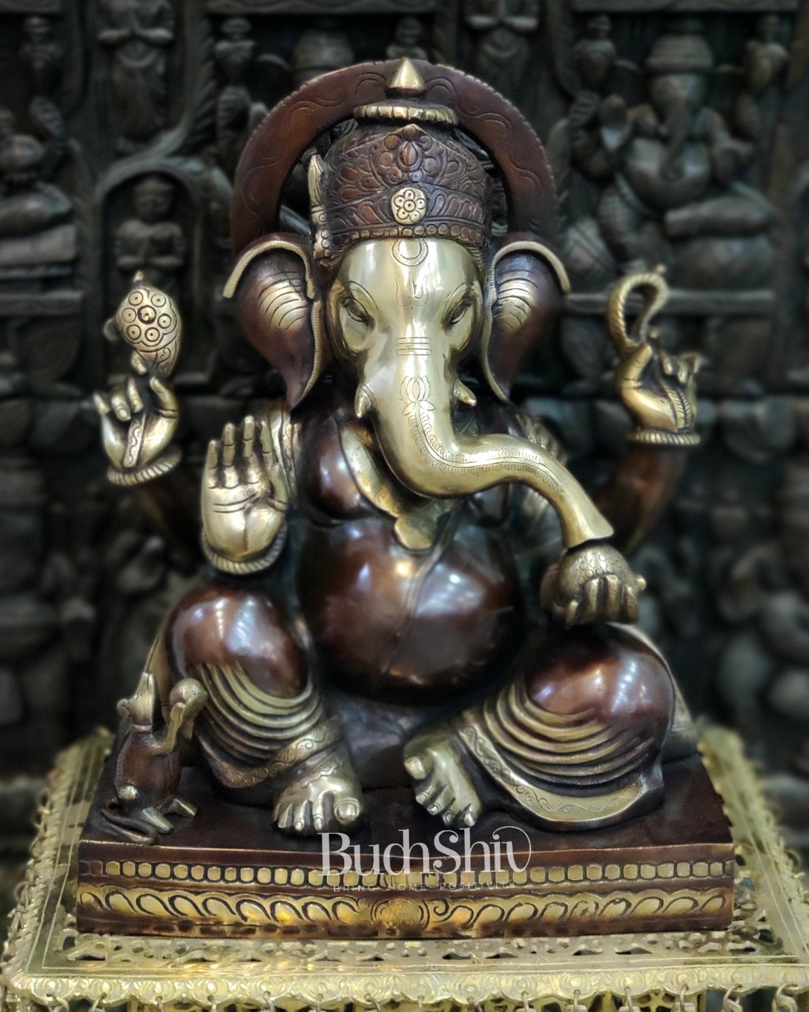 Superfine Handcrafted Brass Gajanand Statue - 22" Height, Beautiful Carvings, Fantastic Finish