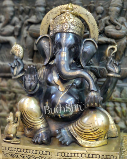 Superfine Handcrafted Brass Gajanand Statue - 22" Height, Beautiful Carvings, Fantastic Finish