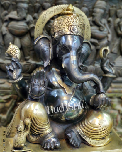 Superfine Handcrafted Brass Gajanand Statue - 22" Height, Beautiful Carvings, Fantastic Finish