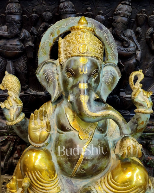 Superfine Handcrafted Brass Gajanand Statue - 22" Height, Beautiful Carvings.