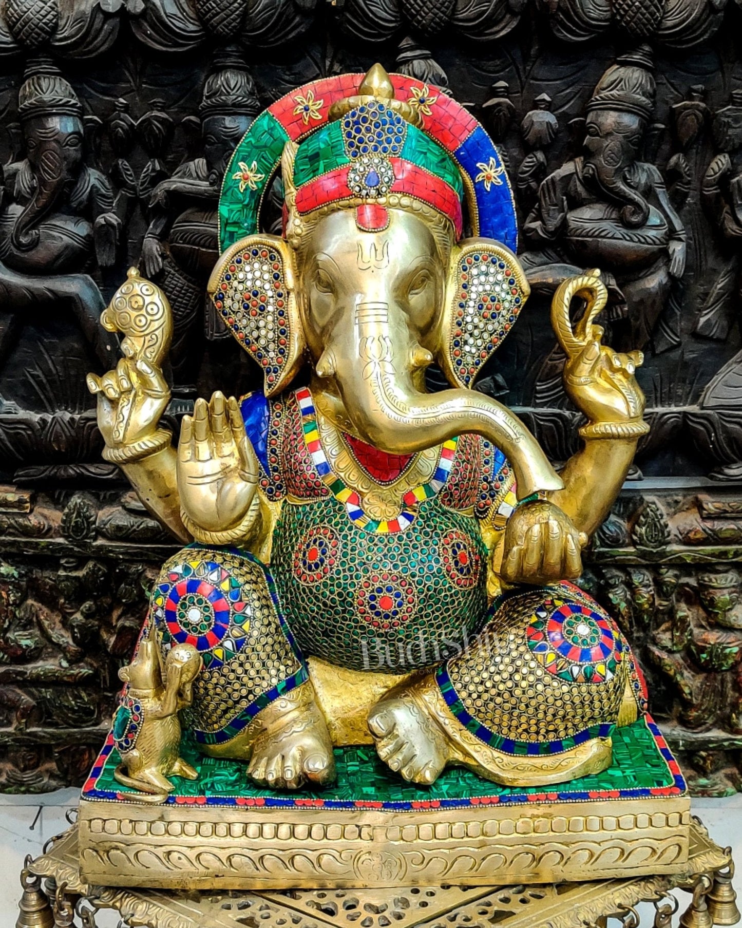 Superfine Handcrafted Brass Gajanand Statue - 22" Height, Beautiful Carvings, Meenakari Stonework