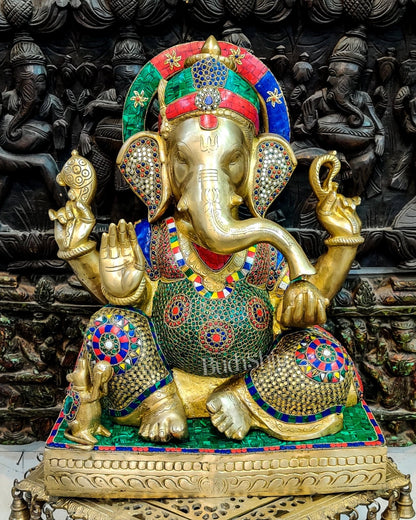 Superfine Handcrafted Brass Gajanand Statue - 22" Height, Beautiful Carvings, Meenakari Stonework