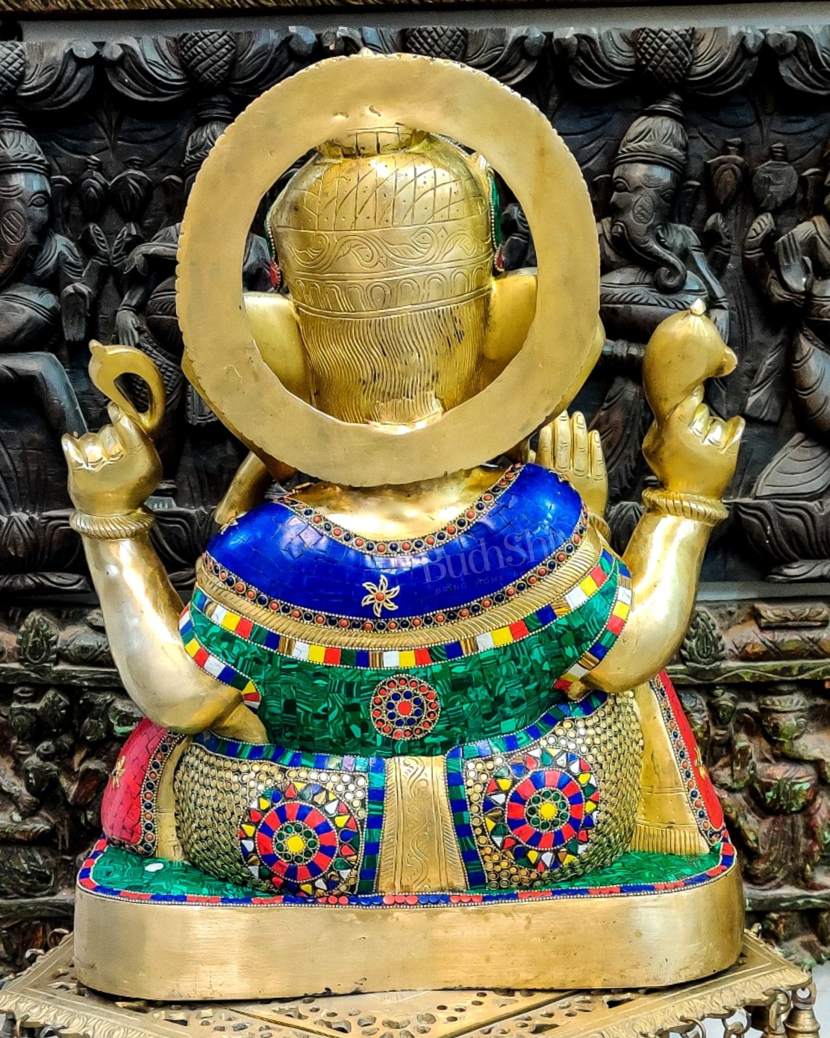 Superfine Handcrafted Brass Gajanand Statue - 22" Height, Beautiful Carvings, Meenakari Stonework