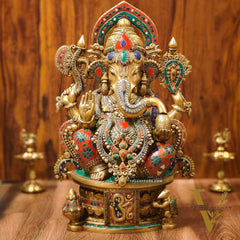 Superfine Handcrafted Brass Ganesha Statue with Rings and Floral Stonework 23 inches