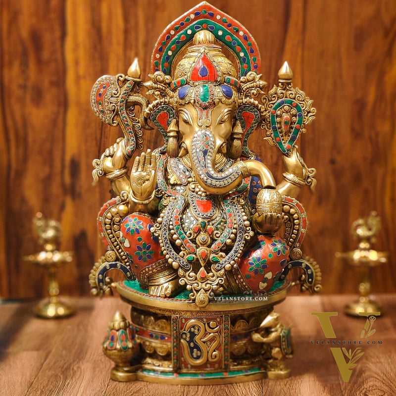 Superfine Handcrafted Brass Ganesha Statue with Rings and Floral Stonework 23 inches
