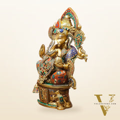 Superfine Handcrafted Brass Ganesha Statue with Rings and Floral Stonework 23 inches