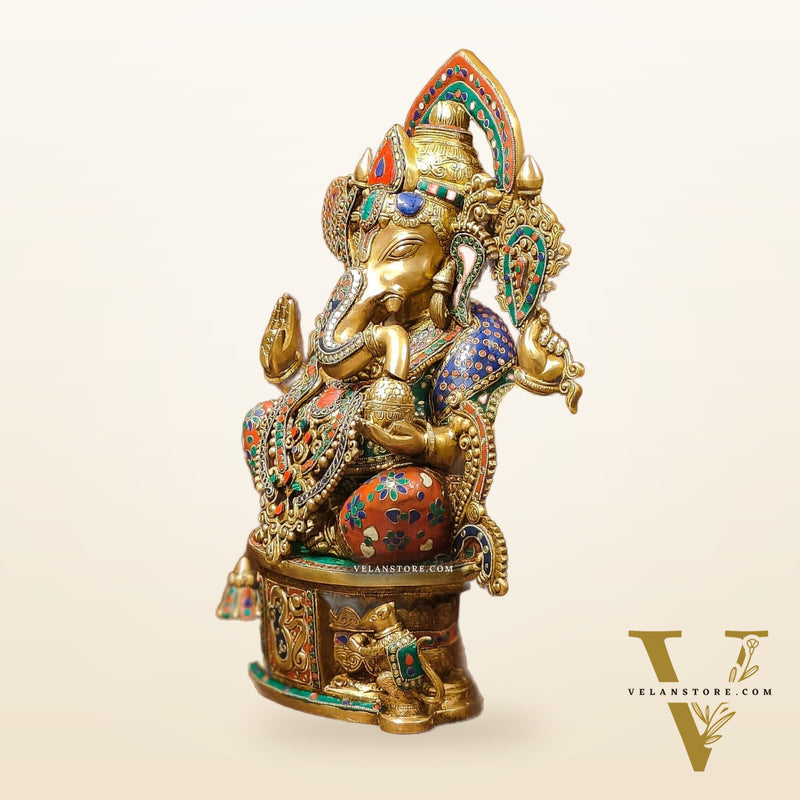 Superfine Handcrafted Brass Ganesha Statue with Rings and Floral Stonework 23 inches