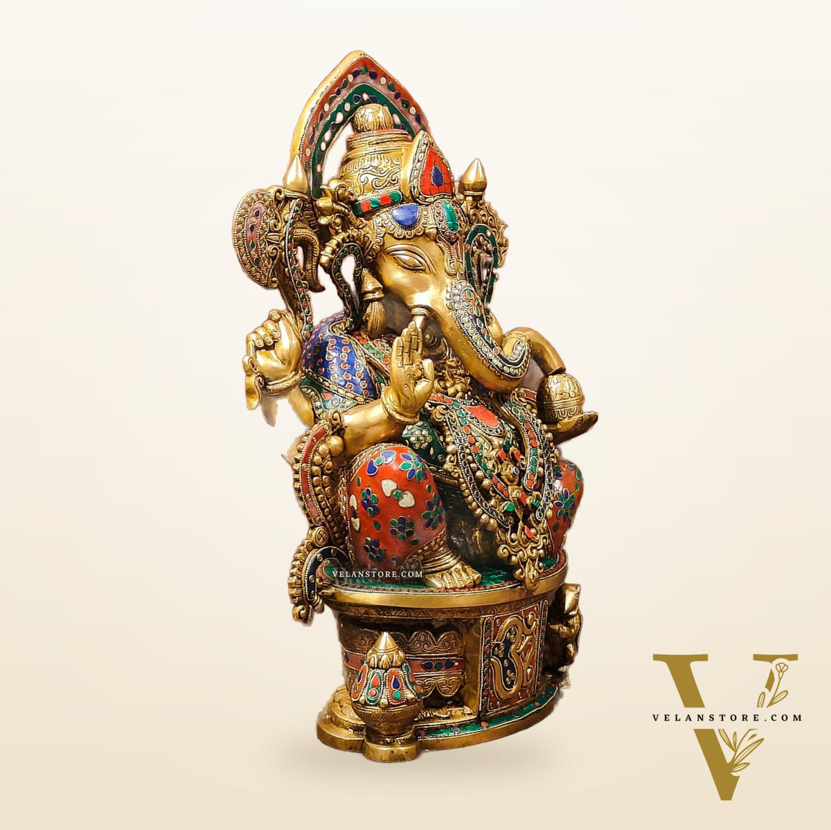 Superfine Handcrafted Brass Ganesha Statue with Rings and Floral Stonework 23 inches