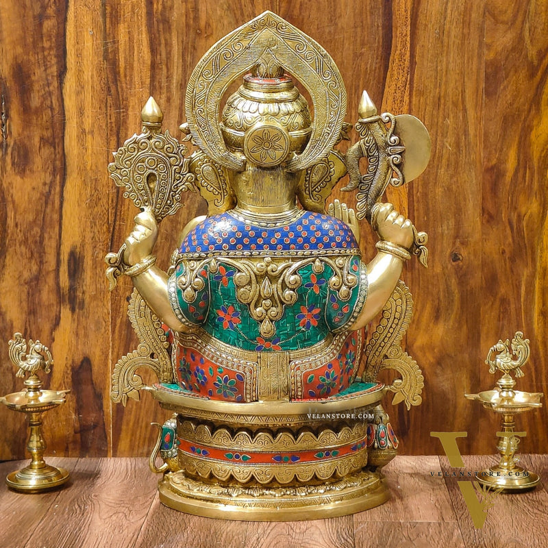 Superfine Handcrafted Brass Ganesha Statue with Rings and Floral Stonework 23 inches