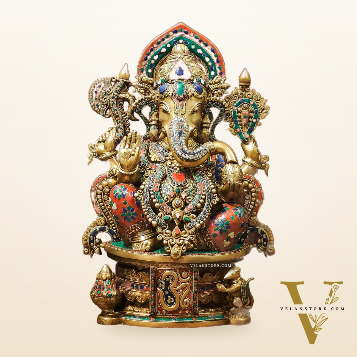 Superfine Handcrafted Brass Ganesha Statue with Rings and Floral Stonework 23 inches