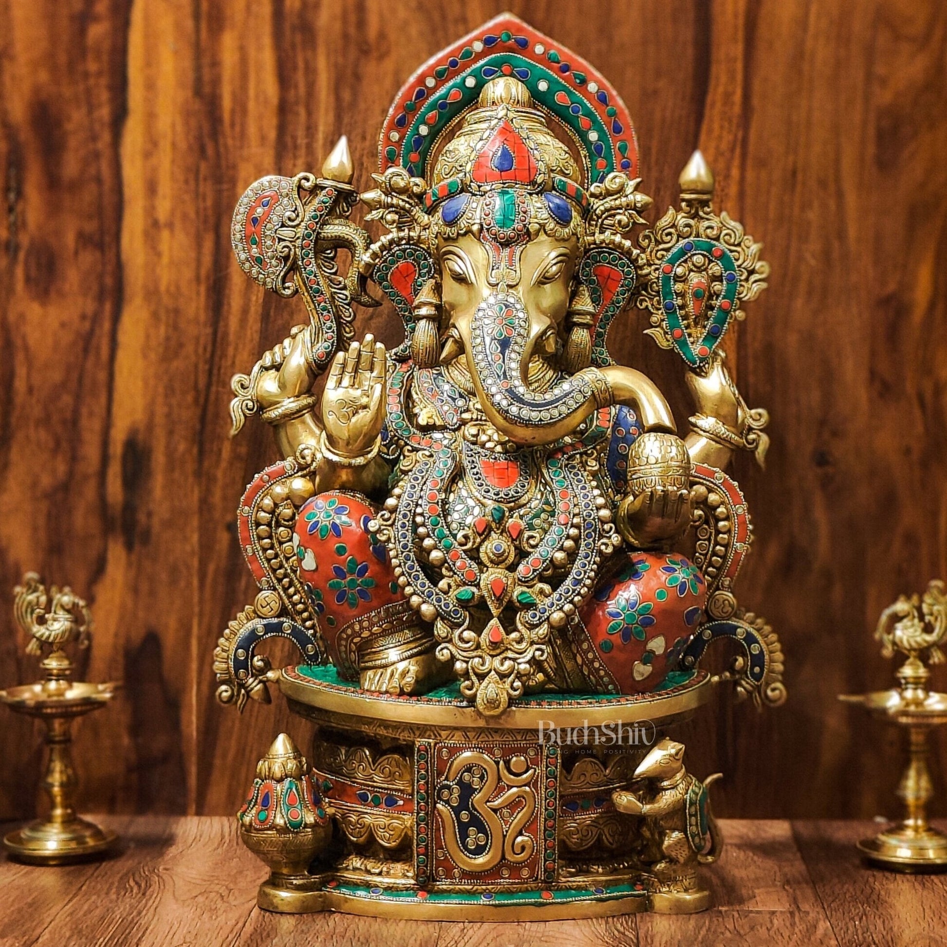 Superfine Handcrafted Brass Ganesha Statue with Rings and Floral Stonework 23 inches