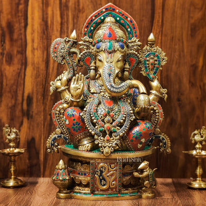 Superfine Handcrafted Brass Ganesha Statue with Rings and Floral Stonework 23 inches