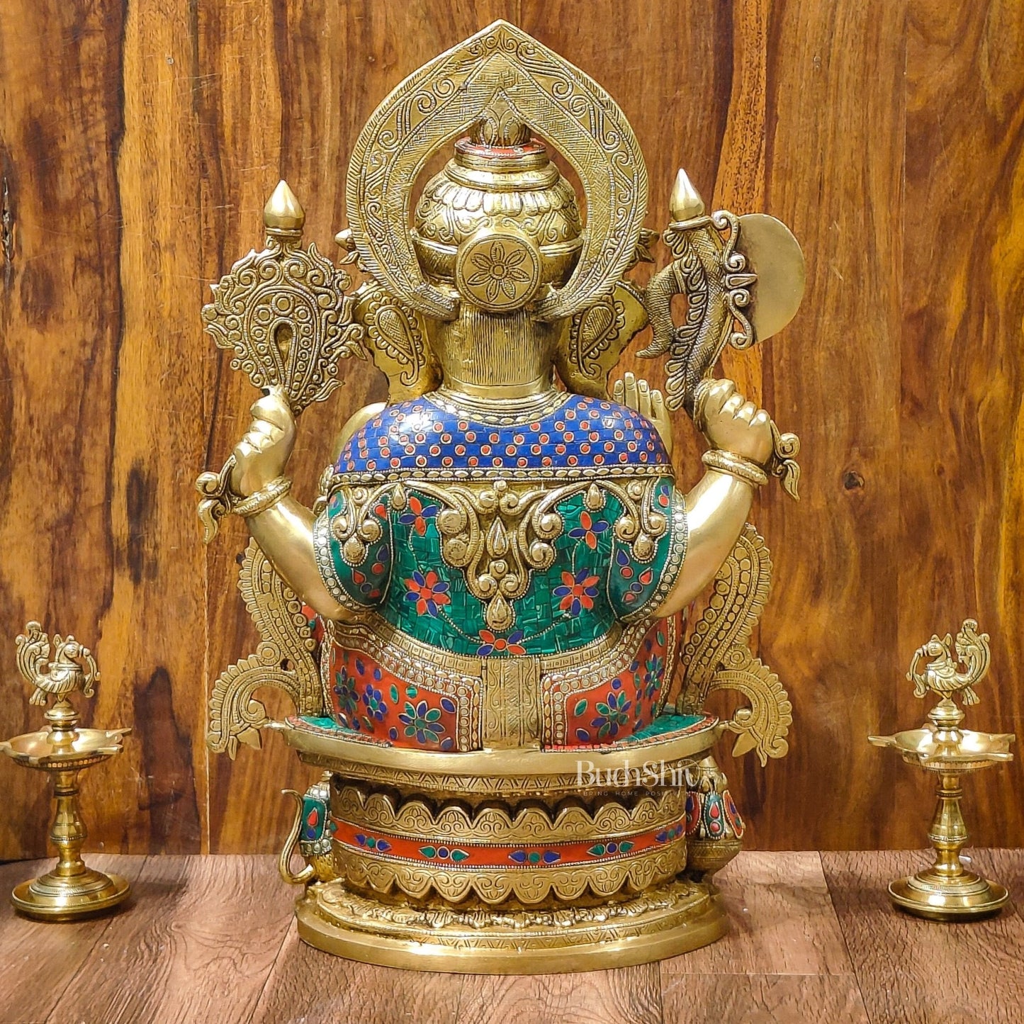 Superfine Handcrafted Brass Ganesha Statue with Rings and Floral Stonework 23 inches