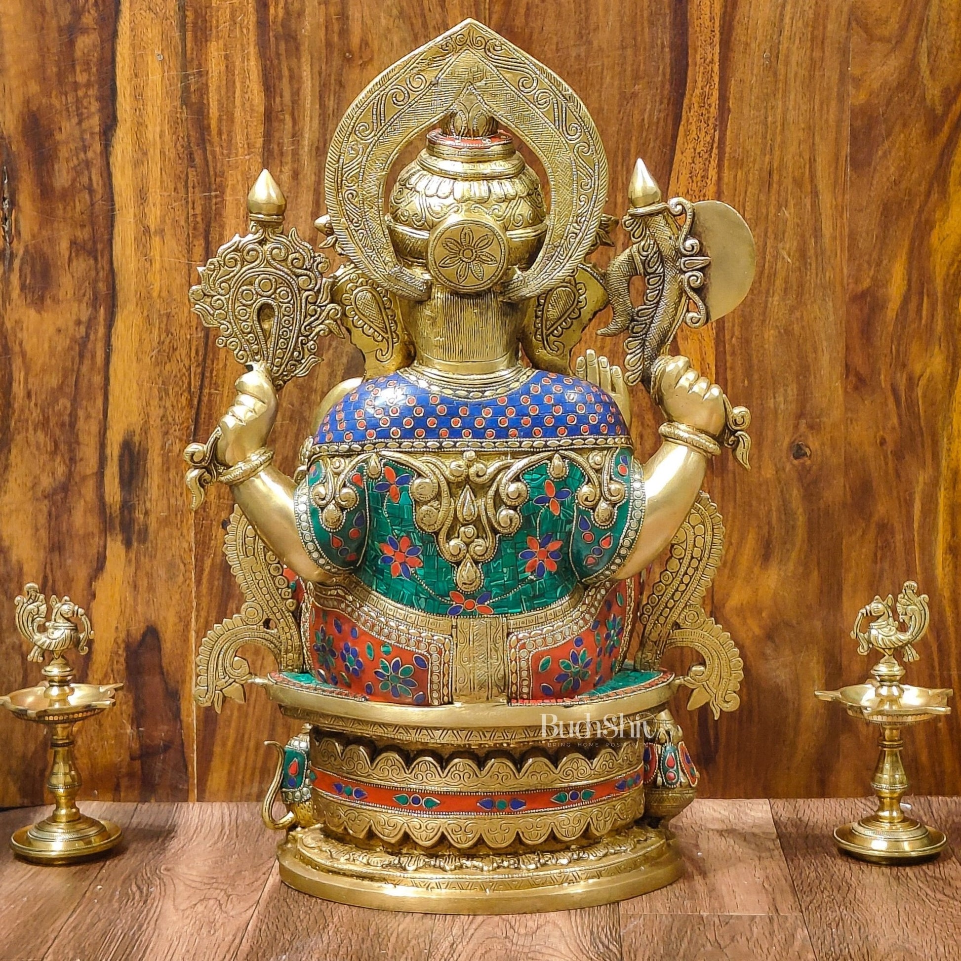 Superfine Handcrafted Brass Ganesha Statue with Rings and Floral Stonework 23 inches