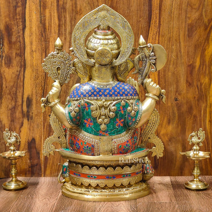 Superfine Handcrafted Brass Ganesha Statue with Rings and Floral Stonework 23 inches