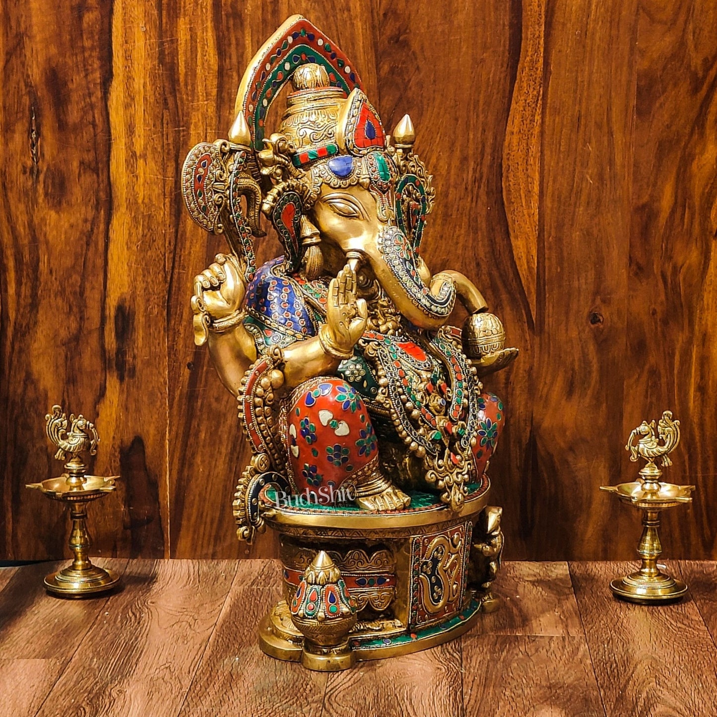 Superfine Handcrafted Brass Ganesha Statue with Rings and Floral Stonework 23 inches