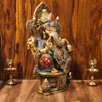 Superfine Handcrafted Brass Ganesha Statue with Rings and Floral Stonework 23 inches