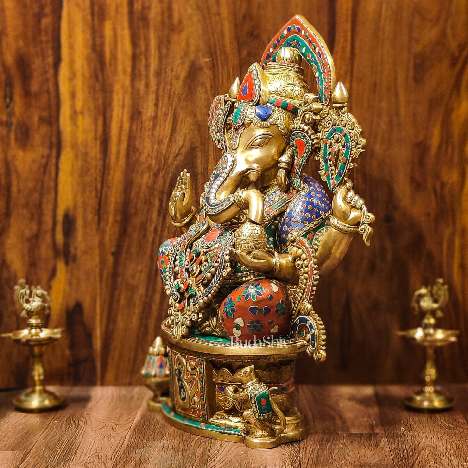 Superfine Handcrafted Brass Ganesha Statue with Rings and Floral Stonework 23 inches