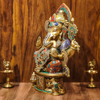Superfine Handcrafted Brass Ganesha Statue with Rings and Floral Stonework 23 inches