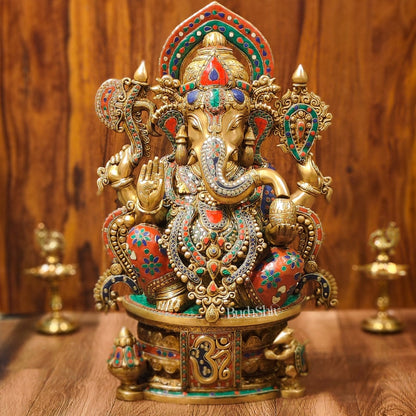 Superfine Handcrafted Brass Ganesha Statue with Rings and Floral Stonework 23 inches