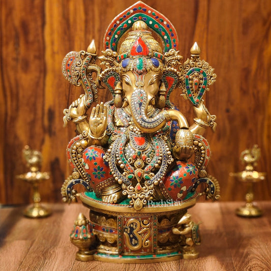 Superfine Handcrafted Brass Ganesha Statue with Rings and Floral Stonework 23 inches